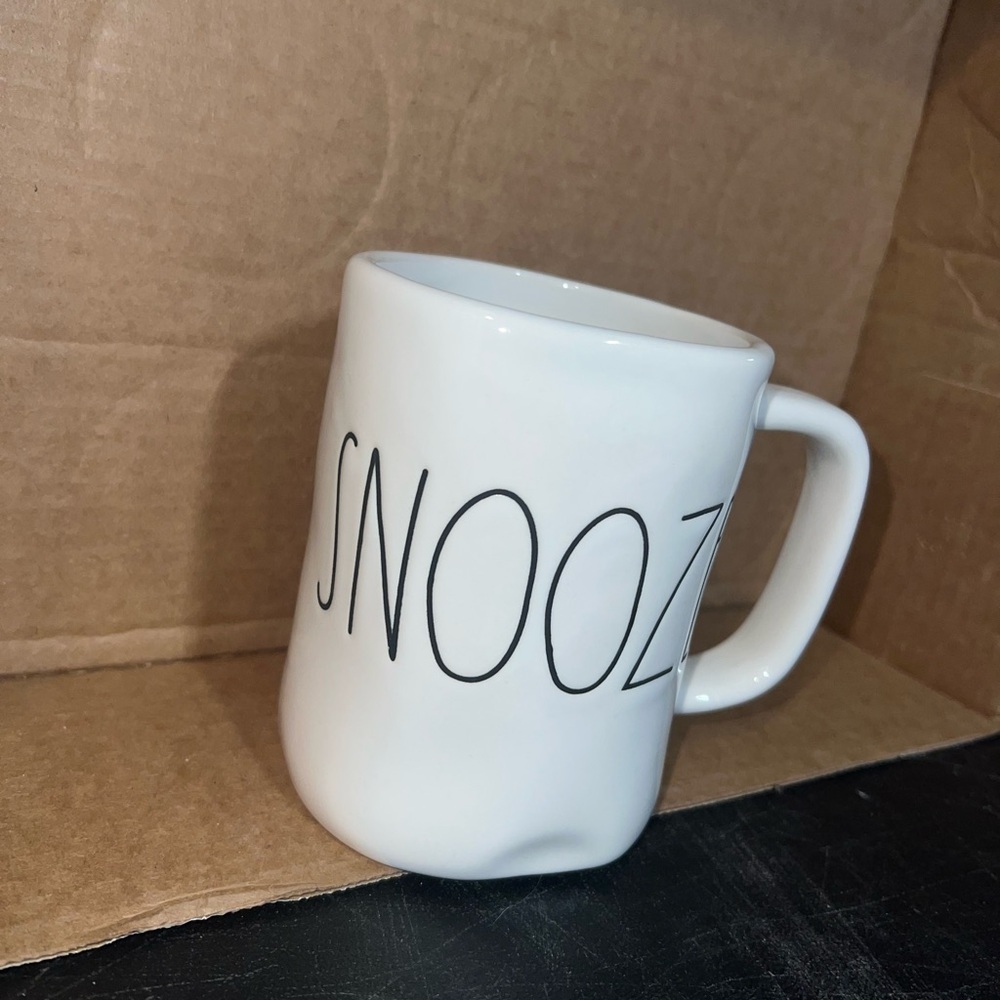 Rae Dunn White 'Snooze' Mug with Black Lettering